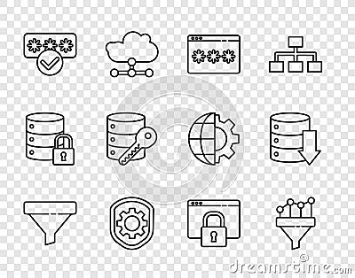 Set line Sales funnel, with chart, Password protection, Shield settings gear, Server security key, Secure your site Vector Illustration