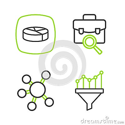 Set line Sales funnel with chart, Project team base, Work search and Pie infographic icon. Vector Vector Illustration