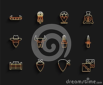 Set line Saloon door, Cowboy bandana, Kayak canoe paddle, Game dice, Buffalo skull, Dagger and Cactus peyote in pot icon Stock Photo