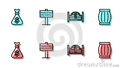 Set line Saloon door, Money bag, Road traffic signpost and Gun powder barrel icon. Vector Vector Illustration