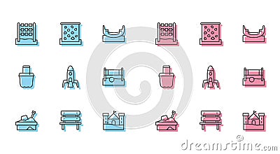 Set line Sandbox with sand, Bench, Tic tac toe game, castle, Rocket ship, Volleyball net ball, in bucket and Climbing Vector Illustration