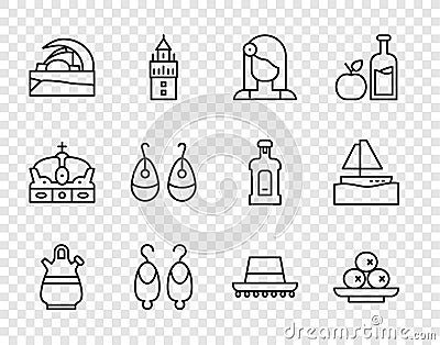 Set line Sangria pitcher, Olives on plate, Spanish woman, Earrings, Concert hall de Tenerife, hat and Yacht sailboat Vector Illustration