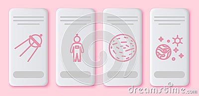 Set line Satellite, Astronaut, Planet Mars and Space and planet. White rectangle button. Vector Vector Illustration