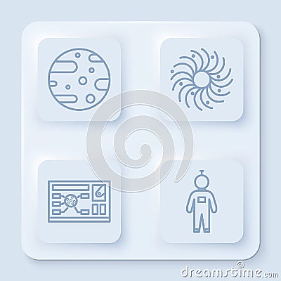 Set line Satellite dish, Black hole, Futuristic hud interface and Astronaut. White square button. Vector Vector Illustration