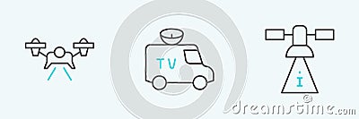 Set line Satellite, Drone and TV News car icon. Vector Stock Photo