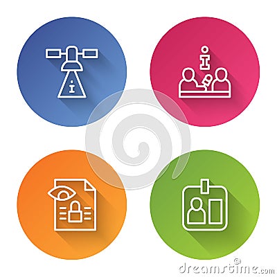 Set line Satellite, Interview, Journalistic investigation and id card. Color circle button. Vector Stock Photo
