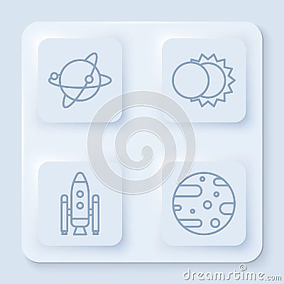 Set line Satellites orbiting the planet Earth, Eclipse of the sun, Space shuttle and rockets and Satellite dish. White Vector Illustration