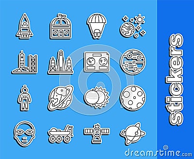 Set line Satellites orbiting the planet Earth, Moon, Planet Mars, Saturn, Rocket launch from spaceport, ship and Vector Illustration