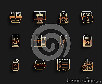 Set line Sauce bottle, Chicken egg in box, Shopping basket and food, list, Cigarettes pack, Cash register machine Vector Illustration