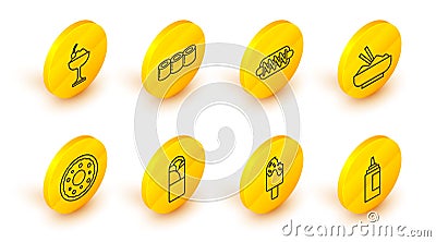 Set line Sauce bottle, Ice cream, Doner kebab, Donut, Rice in bowl with chopstick, Hotdog sandwich, Sushi and icon Stock Photo