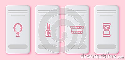 Set line Sauna broom, Aroma diffuser, bucket and Old hourglass. White rectangle button. Vector Stock Photo