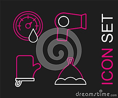 Set line Sauna hat, mittens, Hair dryer and thermometer icon. Vector Stock Photo