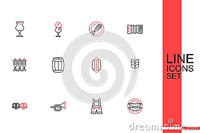 Set line Sausage, Lederhosen, Trumpet, Pretzel, Wheat, Hotdog sandwich, Wooden barrel and Dried fish icon. Vector Vector Illustration