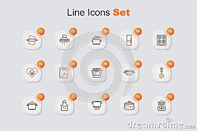 Set line Scales, Cooking pot, on fire, Kitchen apron, Spatula, colander and Oven icon. Vector Vector Illustration