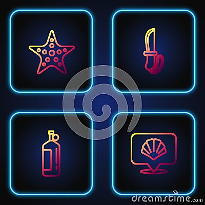 Set line Scallop sea shell, Aqualung, Starfish and Knife. Gradient color icons. Vector Vector Illustration