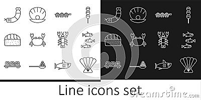 Set line Scallop sea shell, Fishes, Grilled fish steak, Crab, Sushi, Shrimp, Lobster and Shell with pearl icon. Vector Vector Illustration