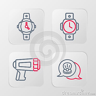 Set line Scallop sea shell, Flashlight for diver, Diving watch and icon. Vector Vector Illustration