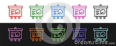 Set line Scenario on chalkboard icon isolated on black and white background. Script reading concept for art project Vector Illustration