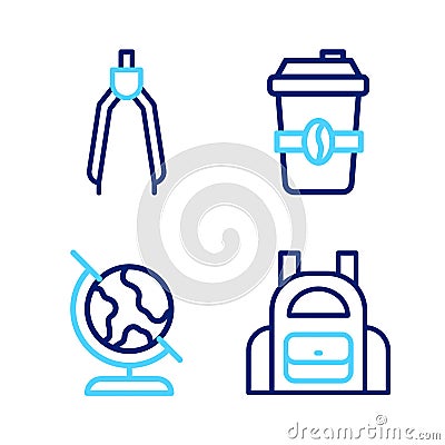 Set line School backpack, Earth globe, Coffee cup to go and Drawing compass icon. Vector Stock Photo