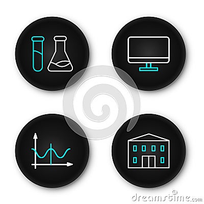 Set line School building, Graph, schedule, chart, diagram, Computer monitor screen and Test tube and flask icon. Vector Vector Illustration