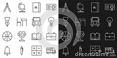 Set line School Bus, backpack, Light bulb with concept of idea, Spiral notebook, table and chair, Fountain pen nib Vector Illustration