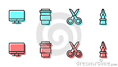 Set line Scissors, Computer monitor screen, Coffee cup go and Fountain pen nib icon. Vector Vector Illustration