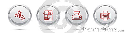 Set line Scissors, Copy machine, Ink bottle and Printer. Silver circle button. Vector Vector Illustration