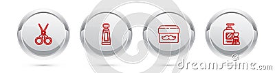 Set line Scissors hairdresser, Cream lotion cosmetic tube, jar and Shaving gel foam and brush. Silver circle button Vector Illustration