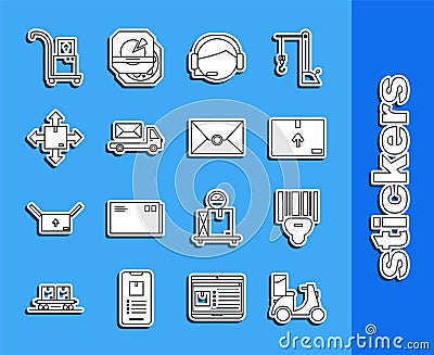 Set line Scooter delivery, Scanner scanning bar code, Cardboard box with traffic symbol, Support operator touch, Post Vector Illustration