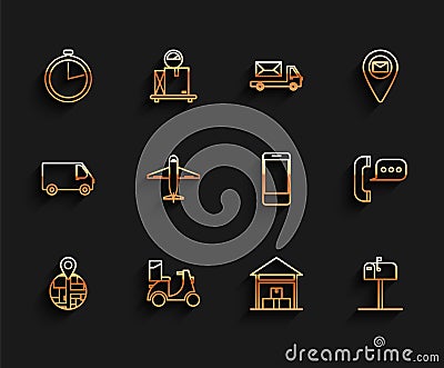 Set line , Scooter delivery, Stopwatch, Warehouse, Open mail box, Plane, Telephone with speech bubble chat and Mobile Vector Illustration