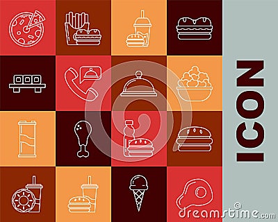 Set line Scrambled eggs, Burger, Popcorn in bowl, Paper glass with drinking straw and burger, Food ordering, Sushi on Stock Photo