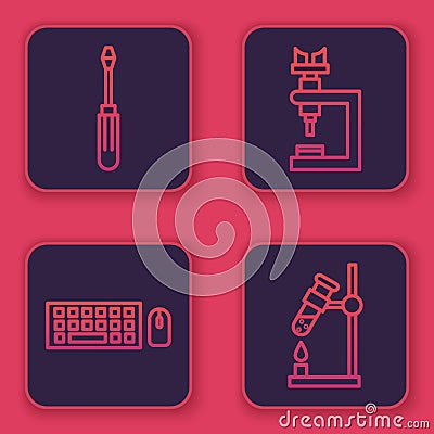 Set line Screwdriver, Keyboard and mouse, Microscope and Test tube flask on fire. Blue square button. Vector. Vector Illustration