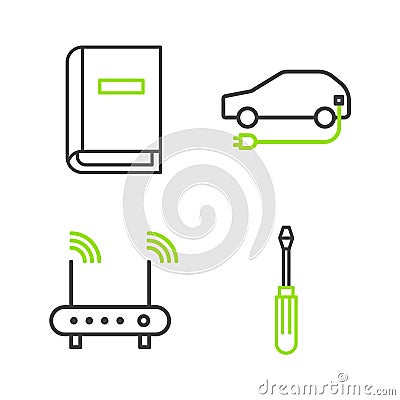 Set line Screwdriver, Router and wi-fi signal, Electric car and User manual icon. Vector Vector Illustration