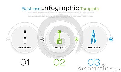 Set line Screwdriver, Snow shovel and Drawing compass. Business infographic template. Vector Vector Illustration