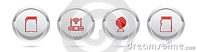 Set line SD card, Router and wi-fi, Earth globe and Micro memory. Silver circle button. Vector Vector Illustration