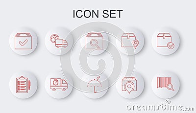 Set line Search barcode, Verification of delivery list, package, Location with cardboard box, Package check mark Vector Illustration