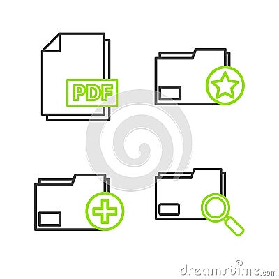 Set line Search concept with folder, Add new, Document star and PDF file document icon. Vector Vector Illustration