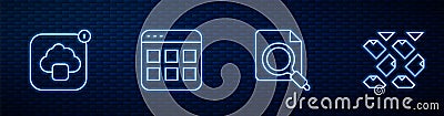 Set line Search concept with folder, Cloud technology data transfer, Browser files and Data stream. Glowing neon icon on Vector Illustration