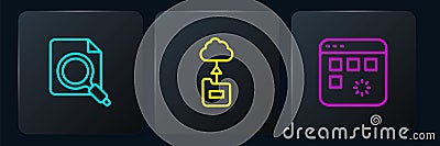 Set line Search concept with folder, Loading data window and Cloud technology transfer. Black square button. Vector Vector Illustration