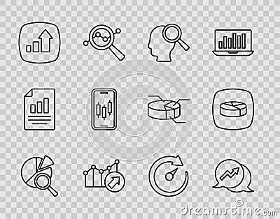 Set line Search data analysis, Financial growth, people, Mobile stock trading, Digital speed meter and Pie chart Vector Illustration