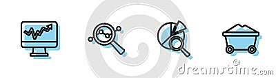 Set line Search data analysis, Monitor with graph chart, and Coal mine trolley icon. Vector Stock Photo