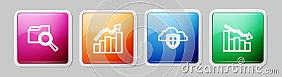 Set line Search with folder, Financial growth, Cloud and shield and decrease. Colorful square button. Vector Stock Photo