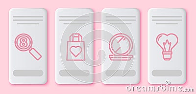 Set line Search 8 March, Shopping bag with heart, Makeup powder with mirror and Heart shape in a light bulb. White Vector Illustration
