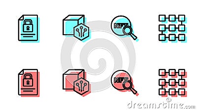 Set line Search NFT, Document and lock, Digital crypto art and blockchain technology icon. Vector Stock Photo
