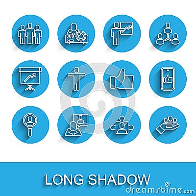 Set line Search a people, Head hunting, Users group, Project team base, Hand for search, like and icon. Vector Stock Photo