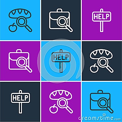 Set line Searching for food, Ask help text and Work search icon. Vector Vector Illustration