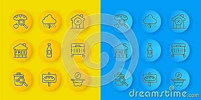 Set line Searching for food, Shelter homeless, Bottle of water, Donation money, Trash can, No house and Cloud with rain Vector Illustration