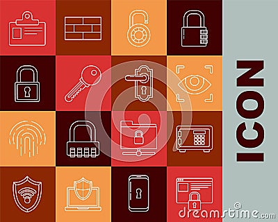 Set line Secure your site with HTTPS, SSL, Safe, Eye scan, combination lock wheel, Key, Lock, Identification badge and Vector Illustration