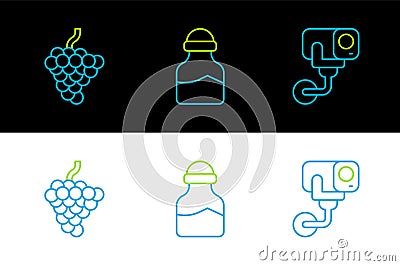 Set line Security camera, Grape fruit and Spice in can icon. Vector Vector Illustration