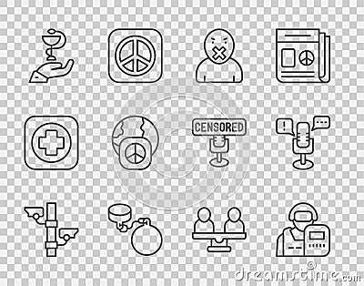Set line Security camera, Police officer, Censor and freedom speech, Ball on chain, Caduceus snake medical Vector Illustration